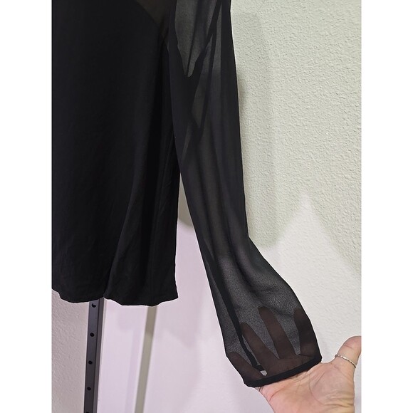 Zara Black Crepe Sheer Satin Stripe Top Blouse Lge Minimalist Dressy Long Sleeve - Picture 3 of 6